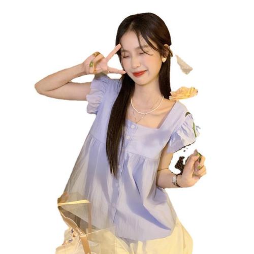 Short-sleeved New Summer Dress Hot Girl 2024 Square Neck Short Feifei Sleeve Floral Chiffon French Plaid Navel Top