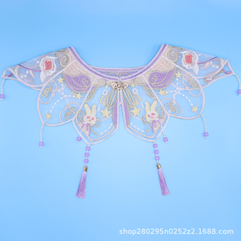 Purple organza cloud shoulder, jade rabbit embroidered vest, pearl tassel children's new Chinese style Hanfu accessories, collar flower