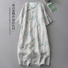 中国风复古印花棉麻旗袍裙女夏季中年妈妈气质显瘦亚麻短袖连衣裙