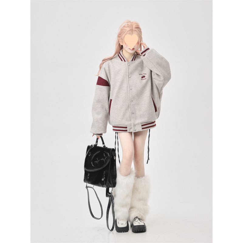 跨境美式宽松灰色拼接棒球服外套女春秋款2025年设计感小众飞行员|undefined