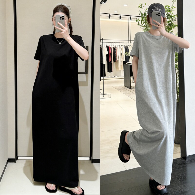 Simple solid color short-sleeve T-shirt long dress for women, new summer style, plus size, loose, slimming, breathable, casual dress Simple solid color short-sleeve T-shirt long dress for women, new summer style, plus size, loose, slimming, breathable, casual dress