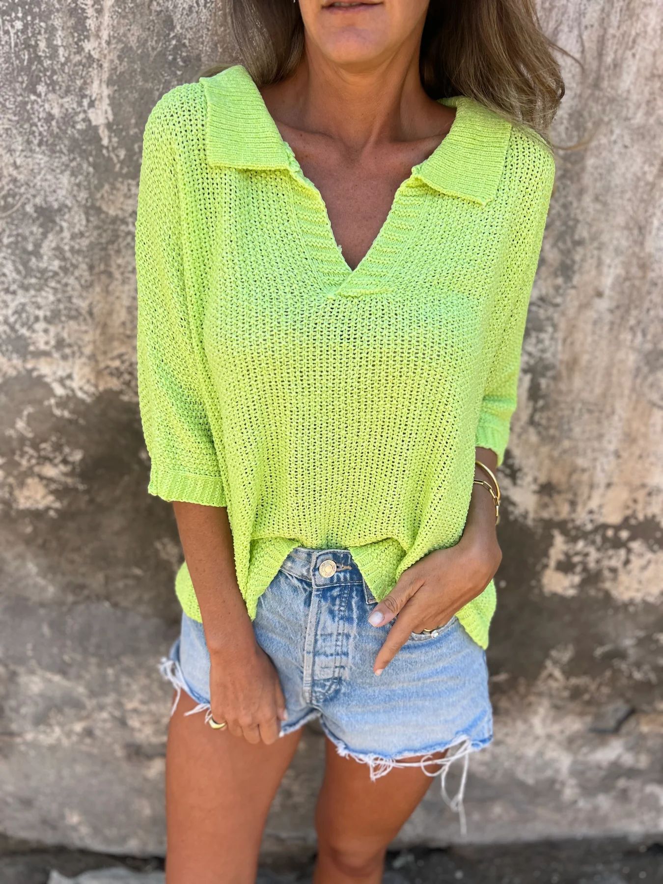 Damen-Sommer-Strickpullover mit Kragen, Dreiviertelärmeln, einfarbig_voghion.com