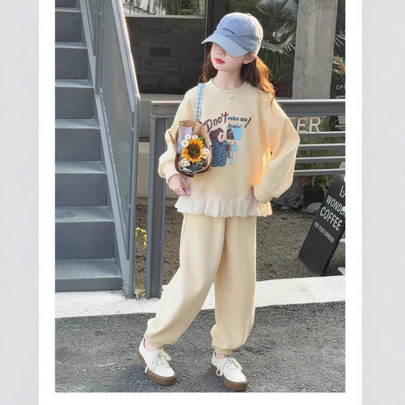 儿童春季新款棉质卫衣套装花边蕾丝女童卡通套装韩版中大童|undefined