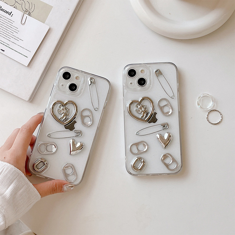 Suitable for Apple 17 Pro Max Pin Buckle Transparent Phone Case iPhone 16 Heart Angel Easy-Pull Ring Light Luxury Women's Style