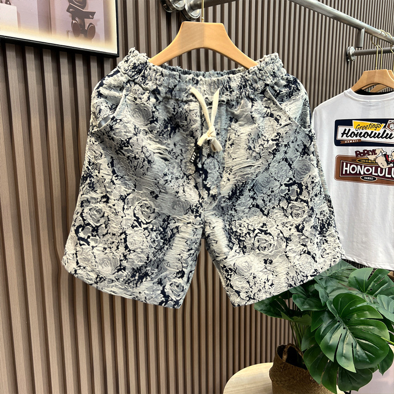 Summer New Design Floral Denim Shorts Men's Fashionable All-match Loose Blue and White Porcelain Pants Casual Pants