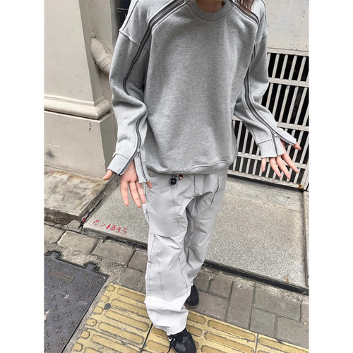 Deconstruction Double Zip Round Neck Collar Long Sleeve Hoodie Men's Casual Splicing Drop Shoulder Heavyweight Design Focused Top
