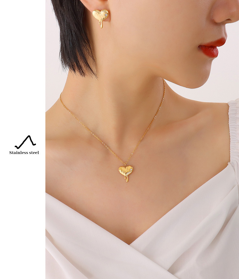 Fashion Heart Shape Titanium Steel Zircon Earrings Necklace