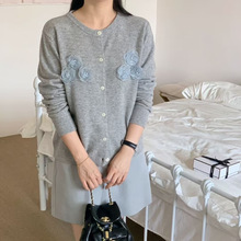 25秋季韩系全羊毛圆领精致立体网纱蕾丝玫瑰气质优雅百搭针织开衫