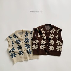 MtinyQueen 2024 Spring and Autumn New Children's Vest Retro Flower Knitted Jacket Korean Style Sweater