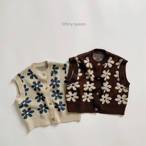 MtinyQueen 2024 Spring and Autumn New Children's Vest Retro Flower Knitted Jacket Korean Style Sweater