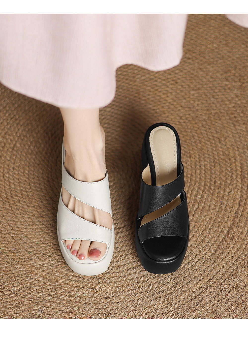 Dép sandal nữ đế xuồng một dây phong cách châu Âu, gót cao 7 cm — đen chi tiết 3