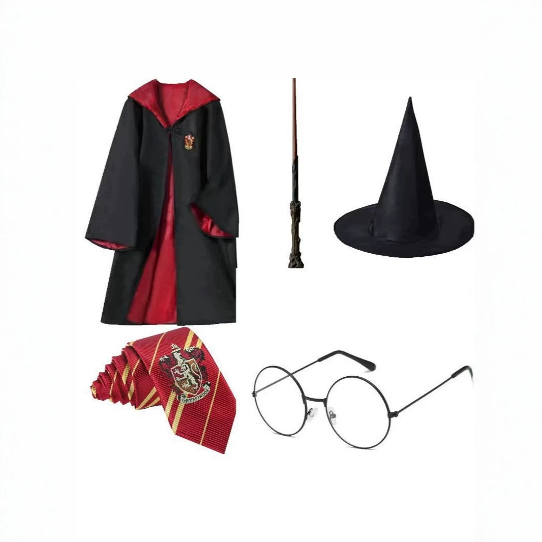 Harry Potter Magic Robe, Hat, Scarf, Glasses, Gryffindor Halloween Accessories Set, Necktie