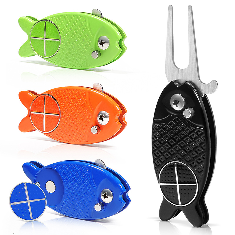 New fish type golf green fork folding spring ball fork metal head repair pitchfork course supplies manufacturer