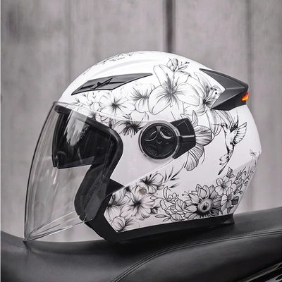 Motosiklet kaskı (dəbilqə) – LED tail light, half helmet - white-blossom-msuitable-for-head-circumference-57-58-cm