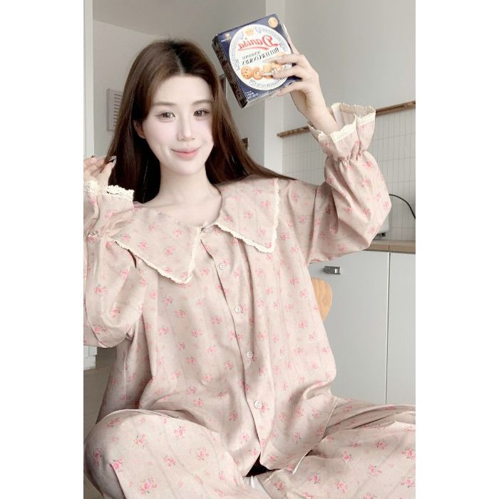 Transfronterizos para mujeres coreanas dulce muñeca cuello cuadrado color contraste gran solapa encaje pijama de manga corta ropa de hogar para mujeres de verano
