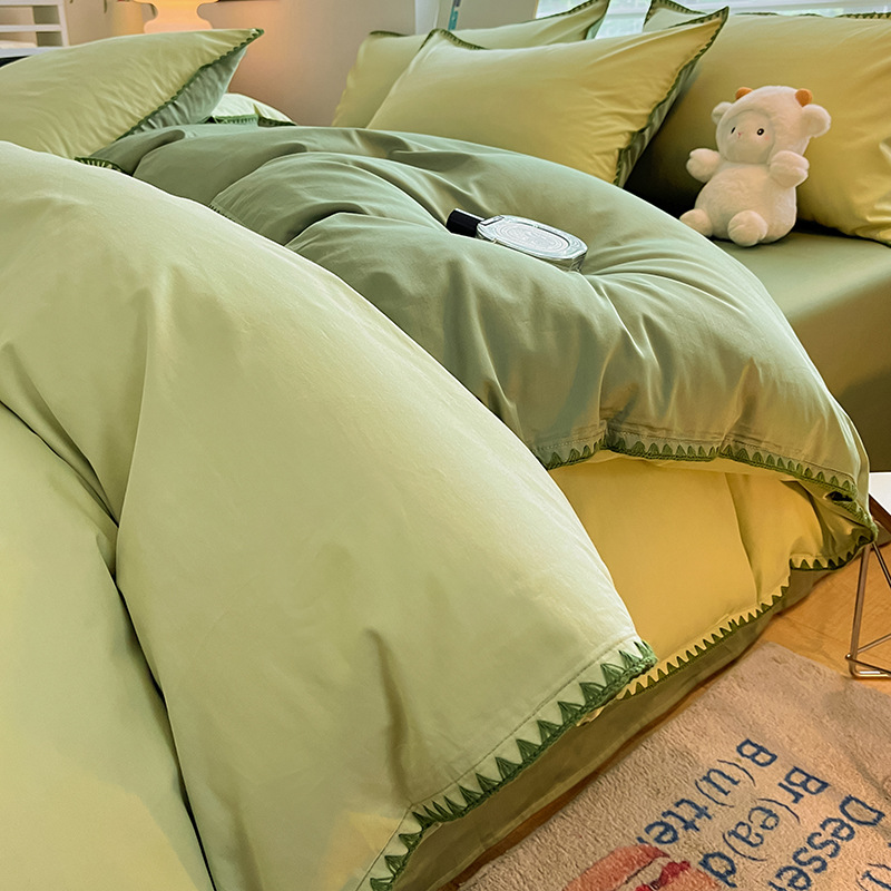 Conjunto de capa de edredom de quatro peças em algodão puro com bordado de conchas, estilo minimalista retrô nórdico francês, em cor sólida. Ideal para cama de solteiro ou dormitório. Disponível em algodão._voghion.com