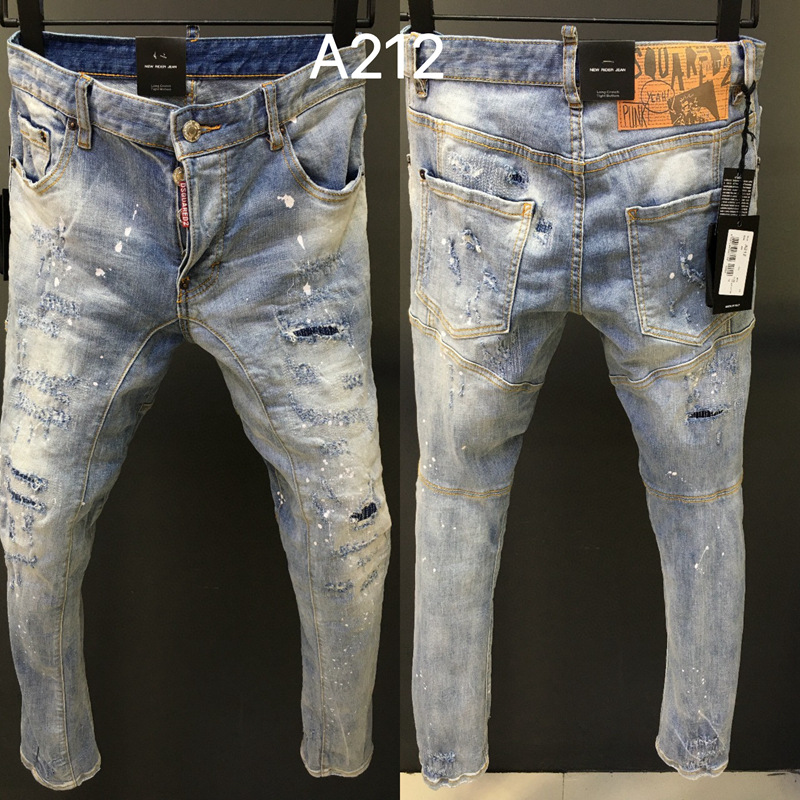 A212破洞漆点拼接男装牛仔长裤D二磨白小直脚牛仔裤欧美跨境潮