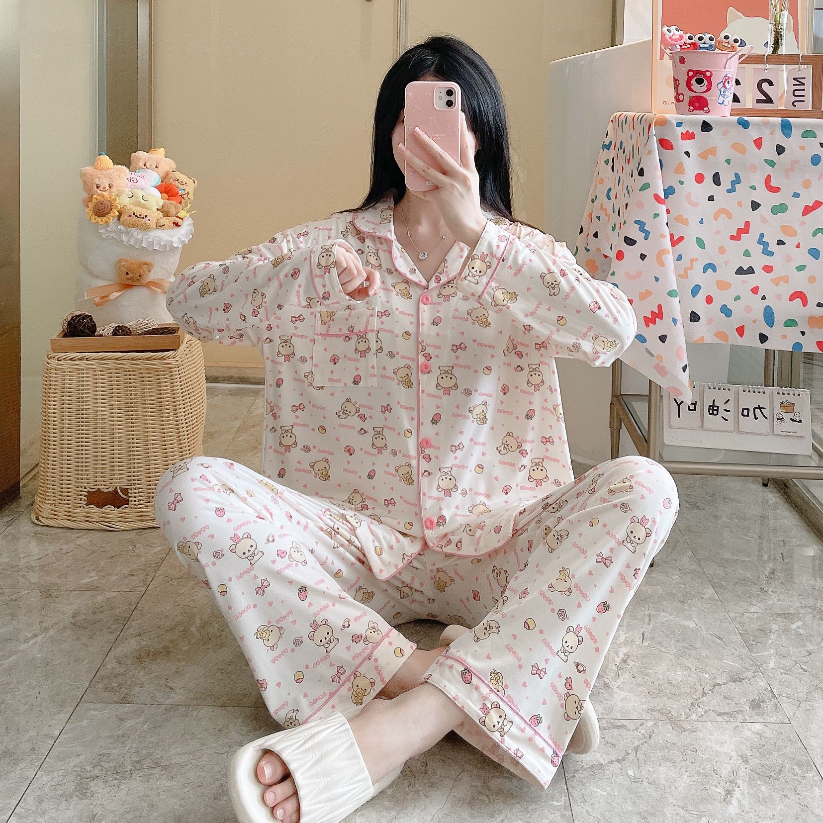 Algodón al por mayor transfronterizo otoño y invierno 180 gramos con solapa pajamas caseros cardigans pantalones de manga larga lindos sueltos