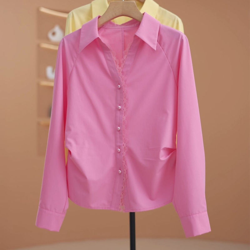 Lace Splicing Polo Collar Shirt Jacket for Women, New Spring and Autumn Style, High-End, Age-Reducing, Waist-Cinching, Unique and Super Stylish Top