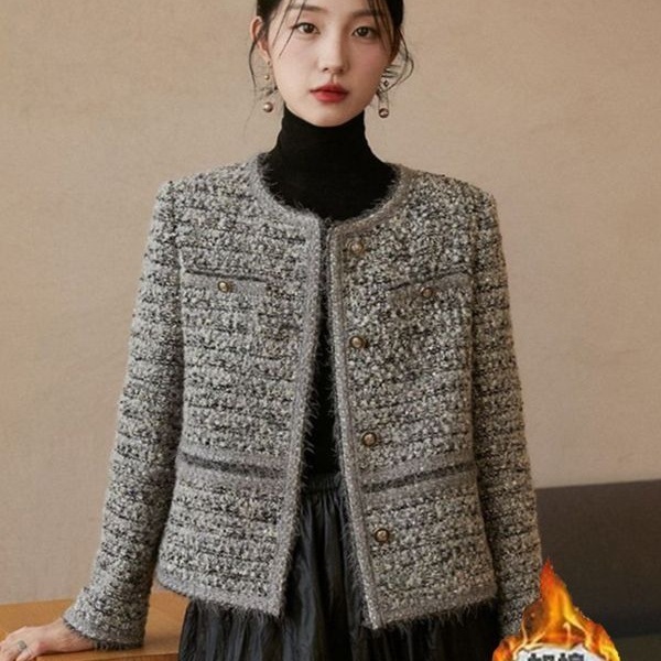 高级感粗花呢重工编织小香风外套2025新款女春秋加棉加厚短款上衣|undefined