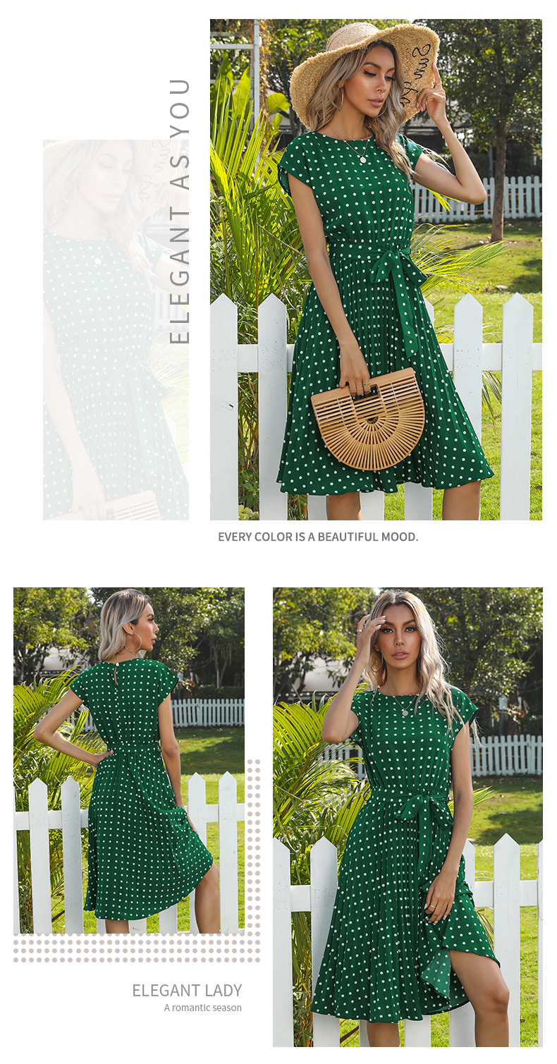 summer new mid-length polka-dot round neck short-sleeved lace-up dress NSYYF61438