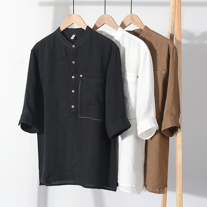 82242 Spring and Summer New Linen Mid-Sleeve Shirt Men's Quarter-Sleeved Chinese Stand-Up Collar Casual Linen Retro Shirt