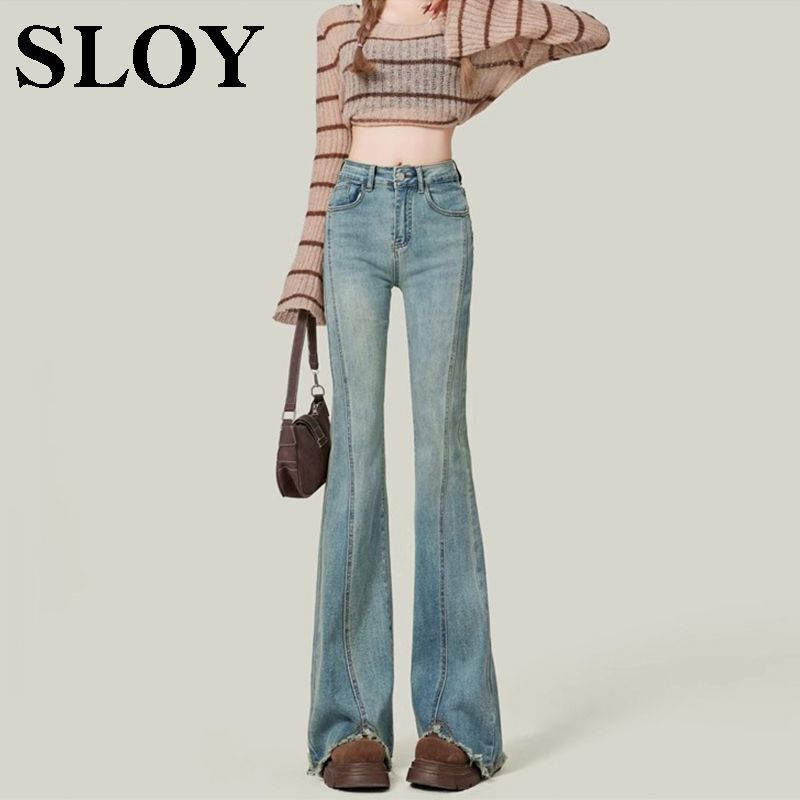 Forever 21 light blue-Edge Micro-Flare Jeans Women's Spring High-Waist Slim-Fit Slimming Horseshoe Pants