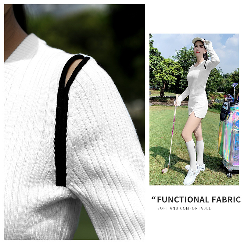 Áo len nữ chơi golf PGM cổ tim đào mùa thu đông ấm áp — YF754 [váy len ấm/thiết kế rỗng/viền và giảm béo] áo len trắng