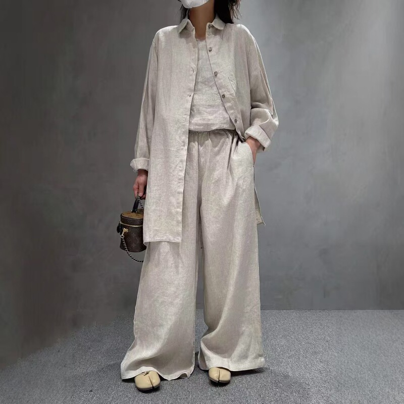 2026 Spring New Women's Linen Solid Color Set: Vintage Loose Lapel Shirt and Wide-Leg Pants, Direct from Factory, Artistic Style