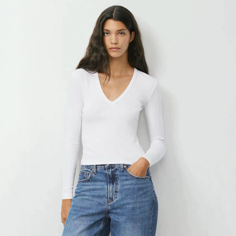 aritz~a Stretch Ribbed V-Neck Slim-Fit Long-Sleeve T-Shirt, Versatile Basic Top for Layering aritz~a Stretch Ribbed V-Neck Slim-Fit Long-Sleeve T-Shirt, Versatile Basic Top for Layering