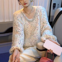 韩版钉珠彩色波点软糯毛衣女针织毛衣慵懒风时尚气质长袖上衣