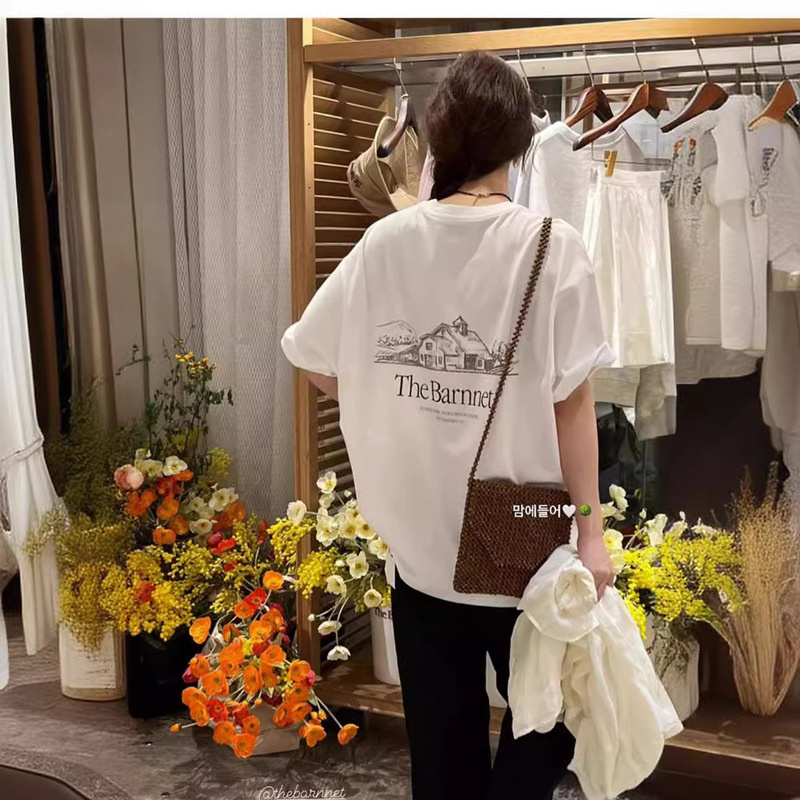 In Stock~ Korean Dongdaemun Eight-Milk Brand T-Shirt with Small House Print on the Front and Back, Loose Fit, Pure Cotton, Round Neck, Pullover Short-Sleeve T-Shirt for Women