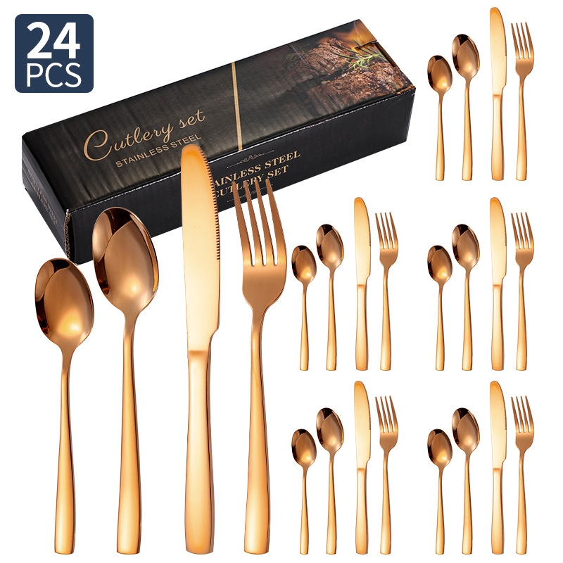 Transfronterizo Amazon cubiertos de acero inoxidable de mango cuadrado 20 / 24 / 30 piezas set cuchillo de filete de comida occidental tenedor cuchara set box