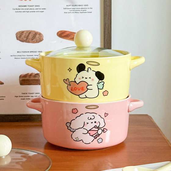 Cute Love Puppy Couple Ceramic Instant Noodle Bowl with Lid for Student Dormitory Instant Noodle Bowl with Two-ear Snail Powder Bowl