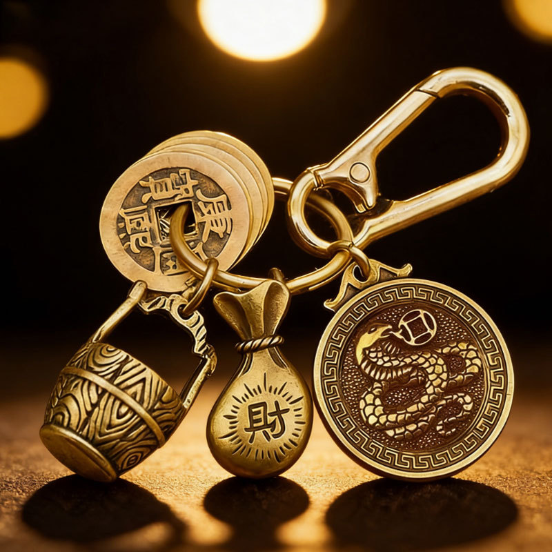 Chinese Zodiac Pendant, Fortune Bucket, Five Emperor Coins Pendant, Keychain for Wealth, Car Keychain Ornament