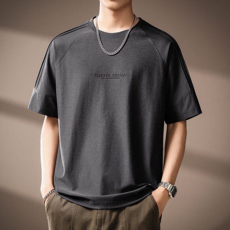 High-End Lyocell Three-Dimensional Letter Embossed Men's Short-Sleeved T-Shirt Summer American Retro Loose Raglan Sleeve Top