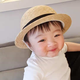 ins韩国婴幼儿草帽夏季宝宝可爱圆顶礼帽男女圆顶遮阳沙滩帽子潮