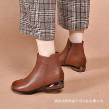 短靴女2025秋季新款低跟圆头单靴中老年秋冬保暖皮靴黑色单里成年