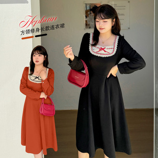 K2953 plus size Women's Bow Sweet Contrast Color Long Dress for Chubby Girls plus size Square Collar chubby girl dress