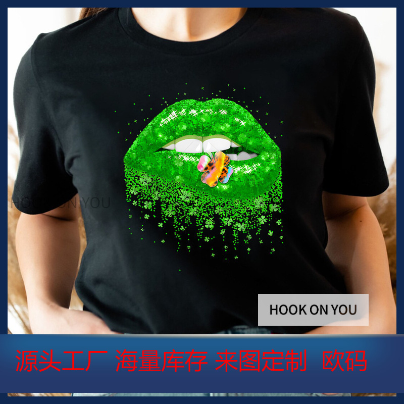 2025 Foreign Trade St. Patrick's Day Men's and Women's Printed Short-Sleeve T-Shirt, Loose Fit, European and American Style, Lips Print 2025 Foreign Trade St. Patrick's Day Men's and Women's Printed Short-Sleeve T-Shirt, Loose Fit, European and American Style, Lips Print
