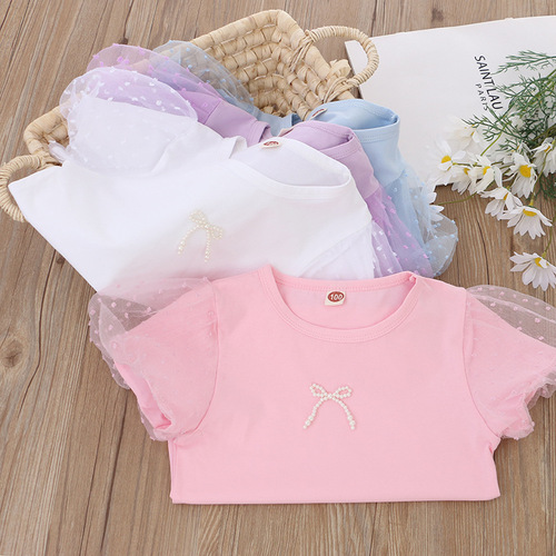 2024 Girls Summer Short Sleeve Tops Little Girls T-Shirts Middle Children Half Sleeve T-Shirts Puff Sleeves Pearls
