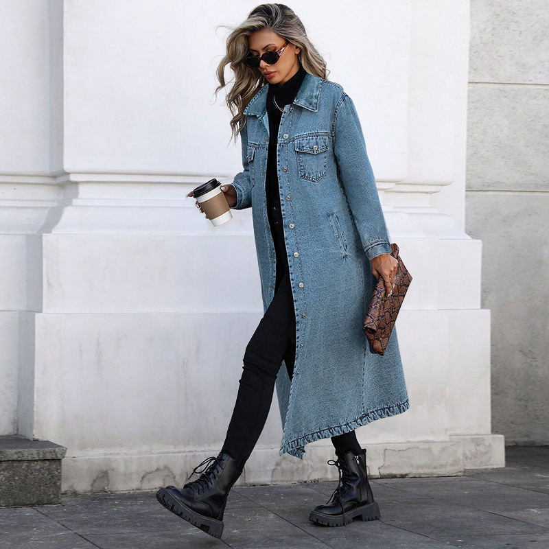 Elegant Long Denim Coat For Women, Mid Blue And Black Trench Style Jacket, Versatile Career Outerwear For Fall_ecoleips.com