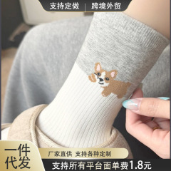 ハキミの色合わせの靴下春夏韓国版の女性の中筒の漫画の子犬の中筒のかわいい百合insは長い靴下を積み上げます。