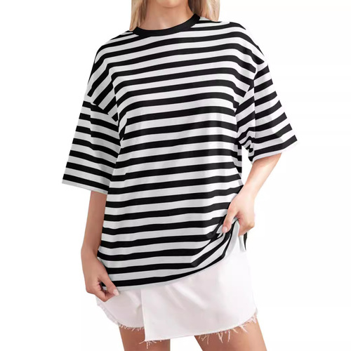 Western and Eastern Women's Summer Simple Home Casual Striped Print Crew Neck Five-Button T-Shirt