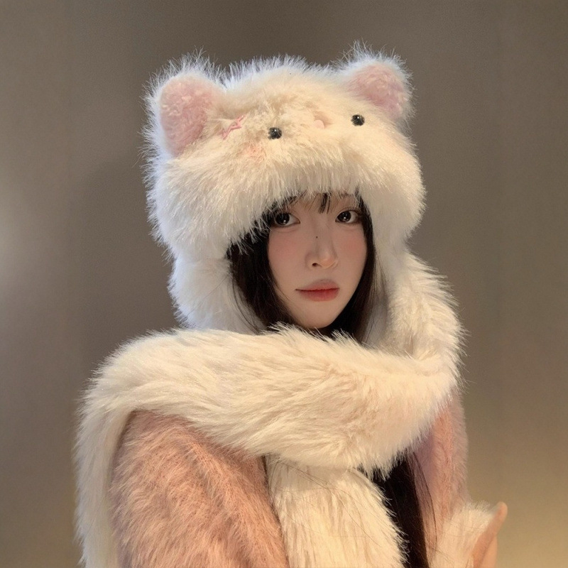 겨울 여성 고양이 귀 털모자 목도리 일체형 방한 방풍 보온 모자