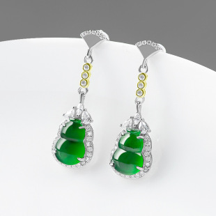 S925 silver inlaid natural A goods Jade Sun green earrings gourd earrings ice jade stone women's high-end fashion earrings