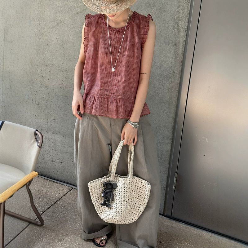 Lino Summer New Korean-Style Ruffled Floral Sleeveless Vest for Women 2026 Retro Stylish Loose Top Ins