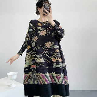 三宅风褶衣专柜品质印花抖抖连衣裙褶皱女装印花高级感工厂批发
