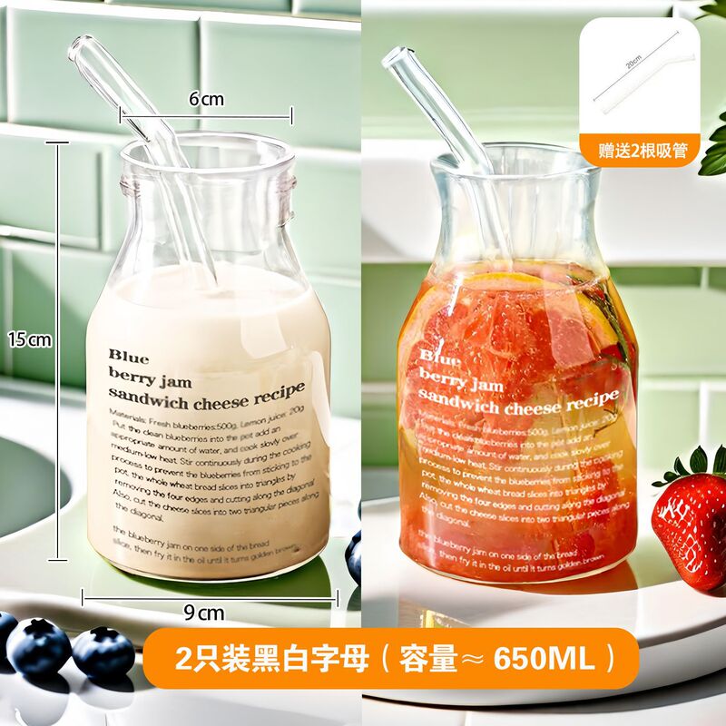 ins风爆款耐热玻璃牛奶咖啡杯子果汁冷饮吸管杯大容量印花情侣|undefined