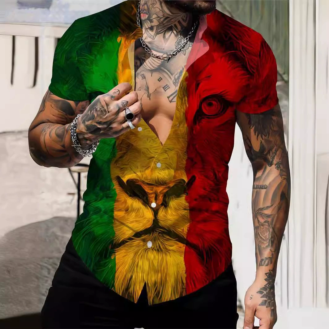 Человек лев 3D печать мода цветные блоки с короткими рукавами с v-образным вырезом рубашка, летняя одежда для мужчин,